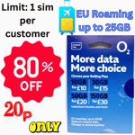 O2 Payg Triple Cut Sim Card for Mobile Phones-Rollover Unused DATA+ 25GB Europe