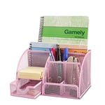 Flexzion Organiseur de bureau en maille métallique rose pour femmes, hommes, étudiants, 6 compartiments avec tiroir et porte-stylo, organiseur de bureau pour le travail