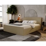 Lit double 140x200 Billo Slim - Tissu bouclé, glamour, élégant, lit adulte avec sommier à lattes, coffre de lit - Beige (Anthology 4)