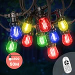 Guirlande Guinguette 50M 100 Bulbes Filament Rouge Bleu Jaune Vert avec Variateur de Luminosité et Télécommande - Guirlande Lumineuse Ampoule E27