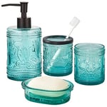 4PCs Teal Blue Glass Bathroom Accessories Set with Decorative Pressed Pattern - Includes Hand Soap Dispenser & Tumbler & Soap Dish & Toothbrush Holder (Teal Blue)