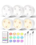 EZVALO Lampe LED Rechargeable, LED Cuisine Sous Meuble, Spot Led Sans Fil avec Telecommande 14 Couleur RGB Dimmable, Lumiere Armoire pour Escalier Vitrines (6 Pièce-1200 mAh)