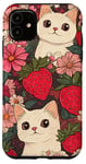 Coque pour iPhone 11 Marron Pop Art Paisley Mignon Rose Fraise Chat Imprimé