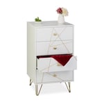 Relaxdays Commode à 4 tiroirs, HLP : 86 x 48 x 39 cm, MDF et métal, pour Chambre, Salon, Meuble d'appoint, Blanc/doré