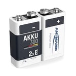 ANSMANN 9V Block Batteries [Pack of 2] 300mAh NiMH Precharged Rechargeable 9V E-Block Battery for Walkie Talkies, Speakers, Microphones, Multimeters, Clock Radios, Remote Control Cars, Toys