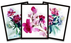 Watercolour Flowers Painting Black Framed Wall Art Print Poster Home Decor Premium Pack of 3