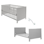 roba Lit Bébé Évolutif 70 x 140 cm - Convertible en Lit Enfant - Jusqu'à 7 Ans - Hauteur Réglable - Coins de Conversion Incluses - 3 Barreaux Amovibles - Bois Laqué Taupe