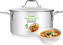 NutriChef Large Stainless Steel Stock Pot with Lid - Big Soup Pot, Heavy Cooking Pot with Glass Lid - Stew Pot, Cookware Induction Pot, Mirror Finish Stockpot, Deep Casserole Pot, 6-Qt / 5.7 Litre