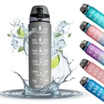 K-MART 1 Litre Water Bottle with Time Markings | BPA Free & Non-Toxic Drinks Bottle | Leakproof Sports Water Bottle 1l for Gym Bottle, Running Bottle, Cycling, School & Office (Grey)