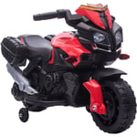 Moto électrique enfant 6 v 3 Km/h effet lumineux et sonore roulettes amovibles repose-pied valises latérales métal pp rouge noir - Rouge