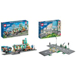 LEGO 60335 City Train Station Set with Toy Bus, Rail Truck, Tracks and Road Plate Level Crossing, Compatible with City Train Sets and More & 60304 City Road Plates Building Set with Traffic Lights