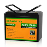 ECO-WORTHY Batterie lithium 12V 100AH LiFePO4 avec BMS et Protection basse température et 4000-15000 cycles, batterie au lithium 1280 Wh pour camping-car, système solaire, bateau, maison