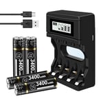 Lithium AA Battery With Charger, 4 Pieces 1.5V 3400mWh AA Batteries Rechargeable With LCD Display Quick Battery Charger 4 Slot For Li-ion Mignon AA, Micro AAA Batteries