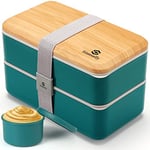 Sinnsally 1400ML Bento Box Lunch Boxes, Stackable Bento Lunch Box for Adults,Leak-Proof Lunch Container with Compartments,Japanese Style Lunchbox with Sauce Pot Cutlery Set (Nordic Green)