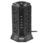 Tower Extension Lead, BEVA Multi Plug Socket 12 Way Outlet Surge Protector Power Strip Electric Charging Station with 5 Smart USB Charger(5V/4.5A), 2M Extension Cords for Home and Office