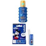 NIVEA SUN Protection solaire Enfants Spray Protect & Play coloré FPS 50+ ( 1 x 200 ml) & LABELLO Mickey Mouse édition limitée Disney (1 x 5,5 ml), Baume à lèvres hydratant pour enfants