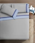 IPERSAN Parure de lit avec Double balançoire Satin de Coton 2 Places Bord Satin Bleu Clair/Jean Fond Gris