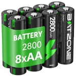 BATZONE 8 x AA Rechargeable Batteries, Ni-MH 2800mAh High Capacity AA Battery, 1200 Tech Ni-MH Batteries, Low Self-discharge 1.2V AA, with Battery Protection Boxe