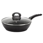 Crealys 520044 Sauteuse GRANITY diam. 24 cm en Aluminium forgé revêtement Noir Anti-adhérent sans PFOA - Aspect Pierre - Couvercle en Verre - Tous Feux Dont Induction