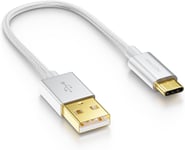 15cm Câble USB-C - Câble de Charge Câble de Données - Nylon + Fiche Métallique - USB C vers USB A - Compatible avec Apple Samsung Google Huawei Xiaomi Tablet Laptop PC - Argent