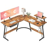 CubiCubi Bureau d'Angle Gamer Gaming Informatique - 130*130 cm Table en Forme L avec Support d'écran, Crochet pour Casque, Rangement Tiroir, pour Etudier, Jouer, Travailler, Domicile Marron Rustique