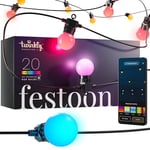 Twinkly Festoon 20 LED RGB, Light Chain with 20 LED Bulbs, Multicolor RGB Outdoor and Indoor Lights, Compatible with Alexa, Google Home, Gaming Lights, IP44, Controlled by App, Black Cable, 10m