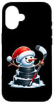 iPhone 16 Cartoon Ice Hockey Puck Snowman with Santa Hat Christmas Case