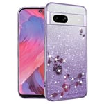 Kainevy Étui Coque Google Pixel 8a Transparent Paillettes Fleurs Motif Housse pour Femme Fille Antichoc Étui Google Pixel 8a Coque Silicone Souple Ultra Fine Jolie Luxe Case (Violet)