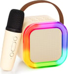 Mini Bluetooth Karaoke Machine, 2024 Toy Karaoke with 1 Microphone for 4, 5, 6, 7, 8, 9, 10, 12 Year Old Girls Birthday Party, with LED Ambient Lighting. (Beige)