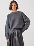 HUSH Sofia Cable Sleeve Relaxed Jumper, Mid Grey Marl