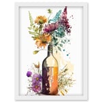 Spring Wildflower Bouquet in a Glass Wine Bottle Artwork Framed Wall Art Print A4