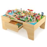 Table de Jeu pour Enfants, 84 pièces, en Bois, avec Plateau de Table et tiroir réversibles et Amovibles, Train en Bois, Jouet pour Enfants à partir de 3 Ans (84 pièces)