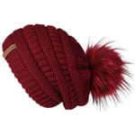 (Viininpunainen) Naisten talvipipo Neulottu Pompom-hattu Slouchy Beanie Skullies Velvet Vuori Naisten Lämmin Pehmeä Hattu Korean punainen lippalakki