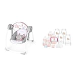 Ingenuity, Balancelle compacte pour bébé Flora la Licorne, 6 Vitesses de Balancement & Mam Biberon Easy Start Lot de 8 biberons, 1 Sucette de démarrage Nano, 4 tampons d'étanchéité, 1 Bec et poignées