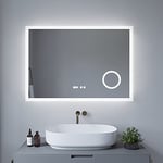 AQUABATOS® Miroir de salle de bain série Echos - 100 x 70 cm - Type D - Avec éclairage anti-buée - Grossissement 3 fois - Horloge numérique - Interrupteur tactile à intensité variable - Blanc froid 6400 K