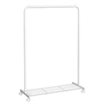 SONGMICS Portant à Vêtements à Roulettes, Porte-manteaux, Barre Supporte Jusqu’à 40 kg, avec Tringle, Étagère de Rangement en Maille, Style Industriel, pour Chambre, Buanderie, Blanc HSR025W01