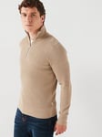 Jack & Jones Ribbed Half Zip Knitted Jumper - Light Brown, Light Brown, Size S, Men