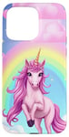 Coque pour iPhone 15 Pro Max Licorne rose avec motif arc-en-ciel et étoiles colorées