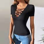 Short Sleeve V Neck Shirt Stylish Slim Fit Criss Cross Knit Top Blouse Black L