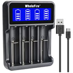 WholeFire 18650 Battery Charger, 4 Slots Battery Charger LCD Display Smart Battery Charger for Rechargeable Li-ion 18650 26650 18490 17670 17500 16340 14500, Ni-MH/Ni-Cd A AA AAA Batteries