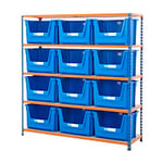 BiGDUG Premium Large Stacking Pick Bin Kit with 5 Levels and 12 Blue Bins Chipboard, Steel 1600 x 1525 x 455 mm Blue, Orange