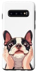Coque pour Galaxy S10 Adorable chien terrier de Boston Mains sur les joues Drôle Chien Maman Papa