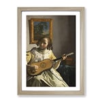 Girl Playing Instrument By Johannes Vermeer Classic Painting Framed Wall Art Print, Ready to Hang Picture for Living Room Bedroom Home Office Décor, Oak A4 (34 x 25 cm)