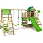 Fatmoose - Aire de jeux Portique bois JazzyJungle avec balançoire SurfSwing et toboggan Maison enfant exterieur avec bac à sable, échelle d'escalade