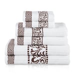 Superior Greek Pattern Decorative 6-Piece Towel Set, Absorbent Premium Cotton, Decor for Bathroom, Spa, Includes 2 Hand, 2 Face, and 2 Bath Towels, Home Essentials, Athens Collection, Chocolate