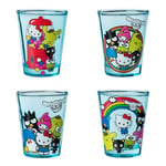 Silver Buffalo Sanrio Hello Kitty and Friends Featuring My Melody, Keroppi, Chococat, Pompompurin, Tuxedo Sam, Cinnamoroll, and Badtz-Maru 4 Pack Mini Glass Set, 1.5 Ounces