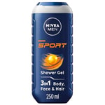 NIVEA MEN Sport Shower Gel Pack of 6 (6 x 250 ml), Cleansing 3-in-1 Body Wash for Men with Minerals, Refreshing NIVEA MEN Shower Gel