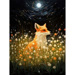 Watching the Fireflies Dance Happy Fox over a Wildflower Meadow Oil Painting Orange White Blue Full Moon Spring Night Dreamy Landscape Unframed Wall A