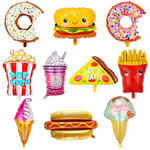 10 Pièces Donut Kit D'Aluminium Ballons, Ballon Helium en Forme de Pizza Donut Popcorn Hot Dog Gelato, Hambourg Foil Balloons Set, pour Decoration Anniversaire Fille Garcon Bapteme