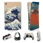 PlayVital Full Set Skin Sticker for ps5 Slim Console Digital Edition (The New Smaller Design), Vinyl Skin Decal Cover for ps5 Controller & Headset & Charging Station & Media Remote - The Great Wave